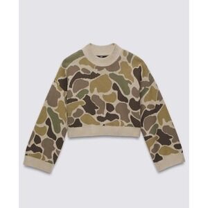 Vans Mens XL Camouflage Cropped Cotton Knit Crewneck Sweater Green Brown Camo